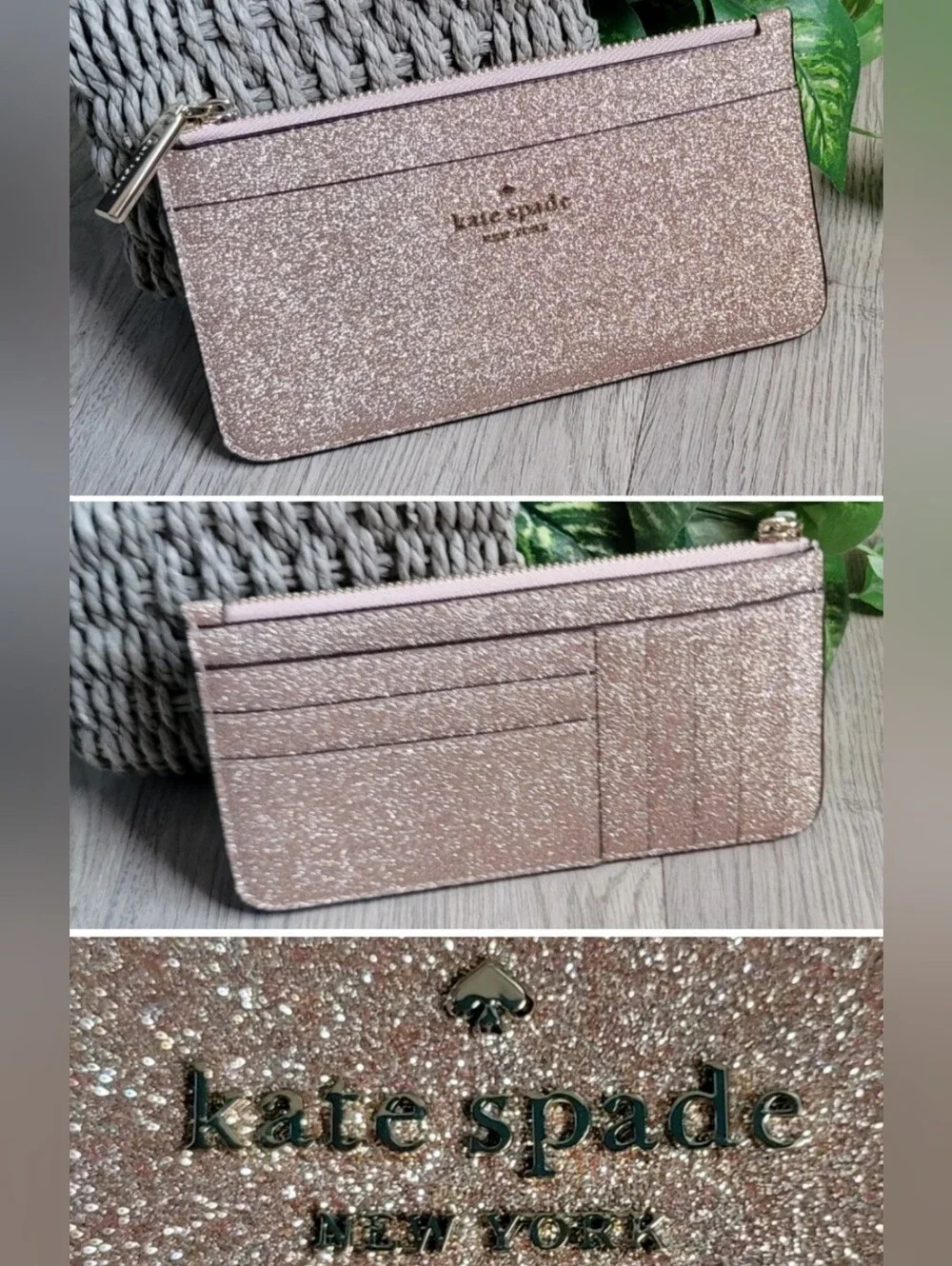 kate spade New York Glitter Large Slim Cardholder Rose Gold Wallet, 6.5